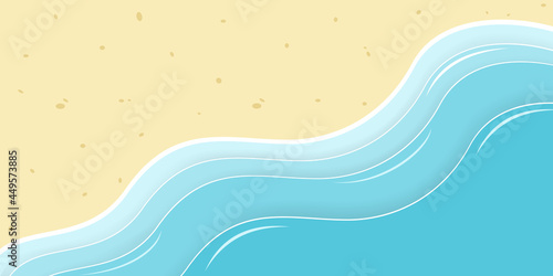 Vector Summer background. Yellow sand and blue sea. Clear seashore and waves backdrop. Paper cut effect beach illustration.