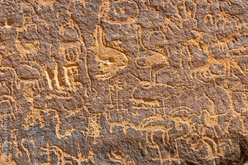 Petroglyphic images of animals on the Graffiti Rock (Qaryat al Asba), Musayqirah, Riyadh Province, Saudi Arabia