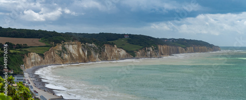 Panoramic view of the high cliffs at Hautot sur Mer in Normandy, France