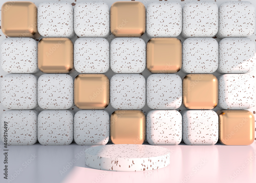 Minimal scene with geometrical forms, podiums in cream background with shadows. Scene to show cosmetic product, Showcase, shopfront, display case. 3d Minimal scene with geometrical forms, podiums in cream background with shadows. Scene to show cosmetic product, Showcase, shopfront, display case. 3d
