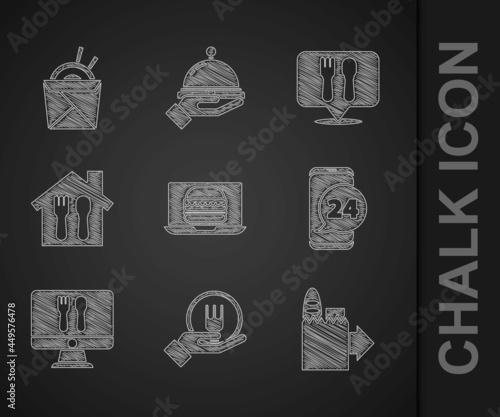 Set Online ordering burger delivery, and, Food, Cafe restaurant location and Asian noodles chopsticks icon. Vector