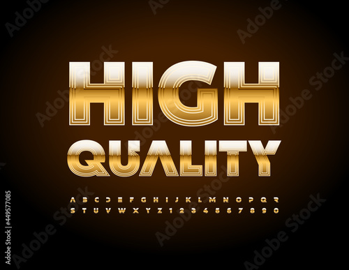 Vness badge High Quality. Abstract style Font. Gold elite Alphabet Letters and Numbers set