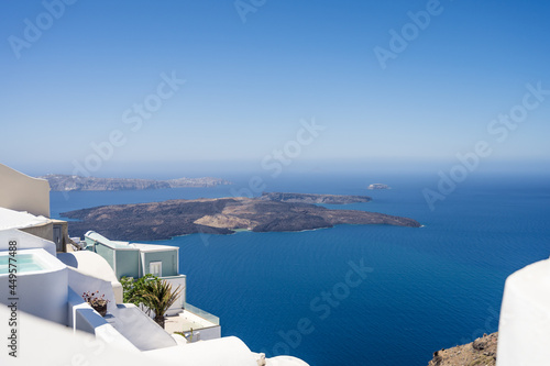 White architecture of Imerovigli on Santorini island  Greece. View of Aegean sea and caldera.