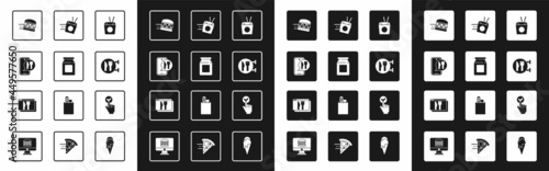 Set Asian noodles and chopsticks, Online ordering delivery, burger, Cafe restaurant location, and icon. Vector