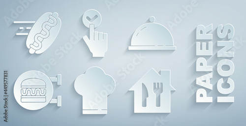 Set Chef hat, Covered with tray of food, Online ordering burger delivery, and, and hotdog icon. Vector