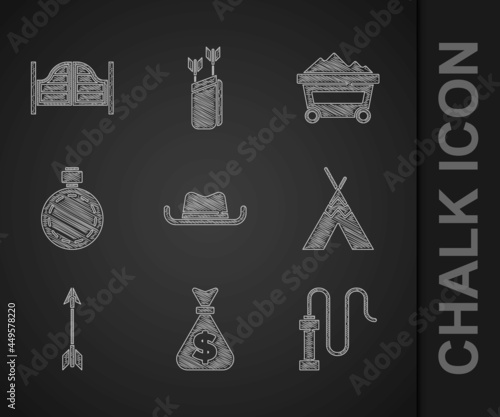 Set Western cowboy hat, Money bag, Leather whip, Indian teepee or wigwam, Crossed arrows, Canteen water bottle, Coal mine trolley and Saloon door icon. Vector