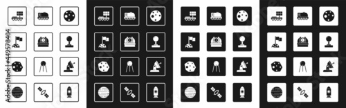 Set Planet Mars, Astronomical observatory, Moon with flag, rover, Joystick, Satellite dish and Asteroid icon. Vector
