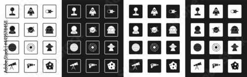 Set Comet falling down fast, Satellites orbiting the planet, Astronaut helmet, Joystick, Rocket ship, UFO flying spaceship and Planet Venus icon. Vector