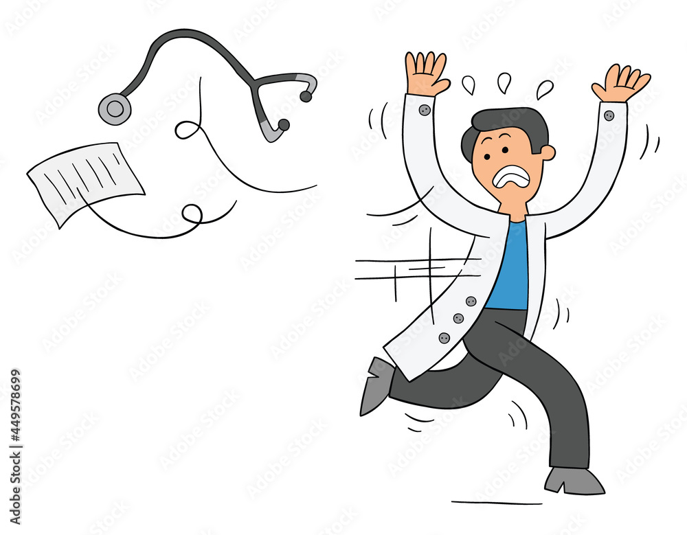 Cartoon doctor or vet is scared, throws stethoscope and papers and runs away, vector illustration