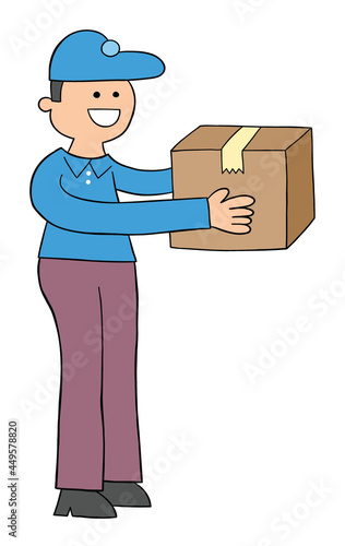 Cartoon courier brings the parcel, vector illustration