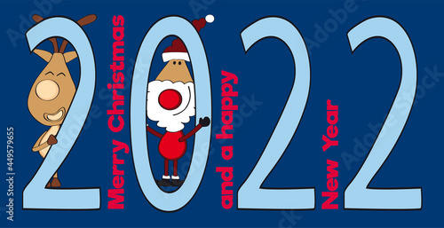 Weihnachten 2022, Weihnachtsmann und Rentier verstecken sich hinter Jahreszahl auf blauem Hintergrund, Cartoon