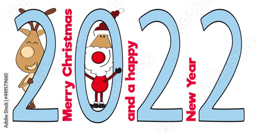 Weihnachten 2022, Weihnachtsmann und Rentier verstecken sich hinter Jahreszahl auf weißem Hintergrund, Cartoon