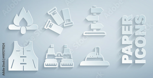 Set Binoculars, Road traffic sign, Hunting jacket, Hunter hat, Cartridges and Campfire icon. Vector