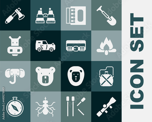 Set Sniper optical sight, Canteen water bottle, Campfire, Matchbox and matches, Off road car, Hippo or Hippopotamus, Wooden axe and Hunting cartridge belt icon. Vector