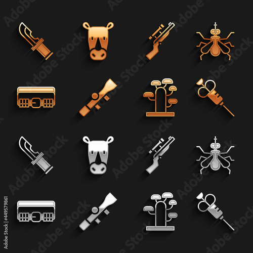 Set Sniper optical sight, Mosquito, Syringe, African tree, Hunting cartridge belt, rifle with scope, Hunter knife and Rhinoceros icon. Vector