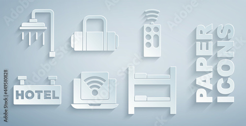 Set Wireless laptop, Remote control, Signboard with text Hotel, room bed, Suitcase and Shower icon. Vector