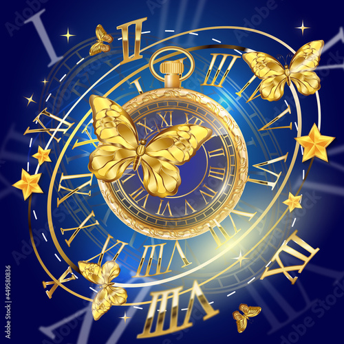 Vector astrological golden clock in the night with golden butterflies