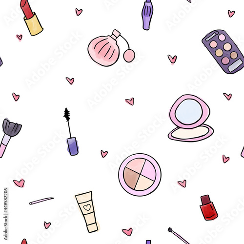 Watercolor seamless pattern with sketchy cosmetics and hearts