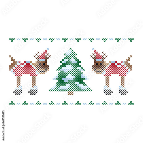 Christmas embroidery, cross stitch ornament. Christmas tree reindeers, vector illustration.