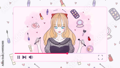 Concept illustration of pretty beauty blogger girl with cosmetics in the video