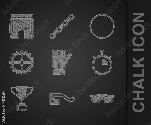 Set Gloves, Bicycle brake, Sport cycling sunglasses, Stopwatch, Award cup with bicycle, sprocket crank, wheel and Cycling shorts icon. Vector