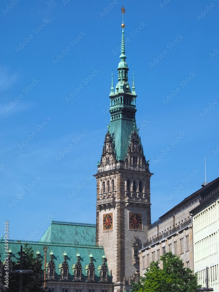 Historic town hall in the city of Hamburg with blue sky