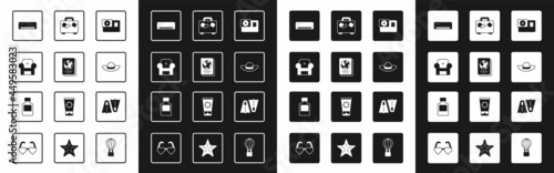 Set Action camera, Passport, Armchair, Air conditioner, Elegant women hat, Suitcase, Rubber flippers for swimming and Whiskey bottle icon. Vector