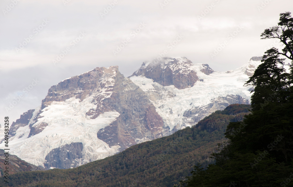 snowy thunder hill in the foreground. high altitude volcano of patagonia
