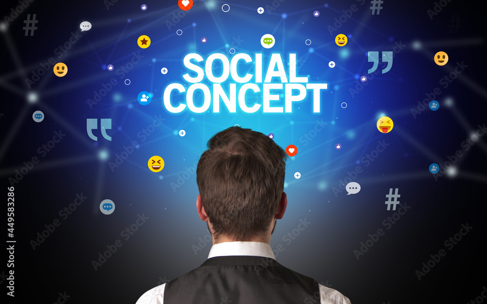 Rear view of a businessman, social media concept Rear view of a businessman, social media concept