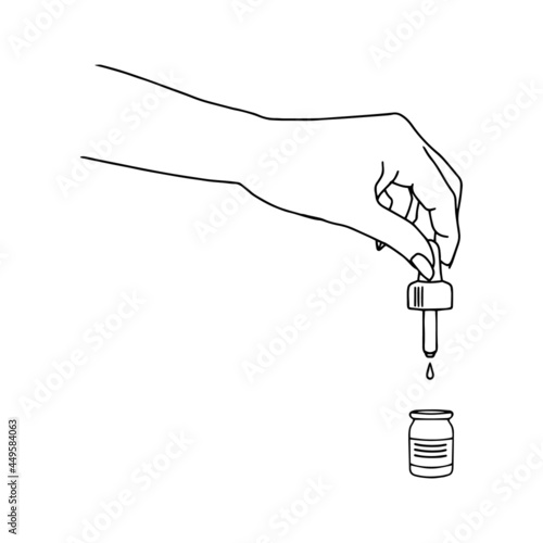 A hand with an eyedropper and a falling drop. Doodle. Vector illustration. Suitable for use on the Internet, print or advertising.