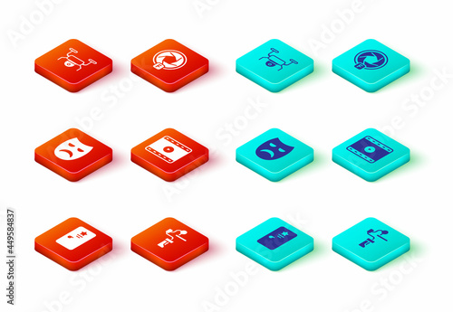 Set Backstage, Gimbal stabilizer for camera, Drama theatrical mask, Play Video, Camera shutter and Drone flying icon. Vector