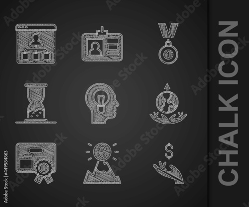 Set Human with lamp bulb, Mountains flag, Hand holding coin money, World expansion, Certificate template, Old hourglass sand, Medal and Online education icon. Vector