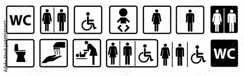 WC icons set. Toilet sign. Man, woman, mother with baby and handicapped silhouettes collection. Male and female restroom