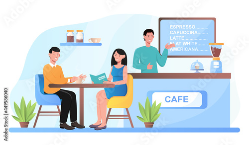Cafe shop and romantic partners relaxing, choosing desset. Barista serves client order. Modern place interior to meet, enjoy free time. Flat cartoon vector concept design isolated on white background