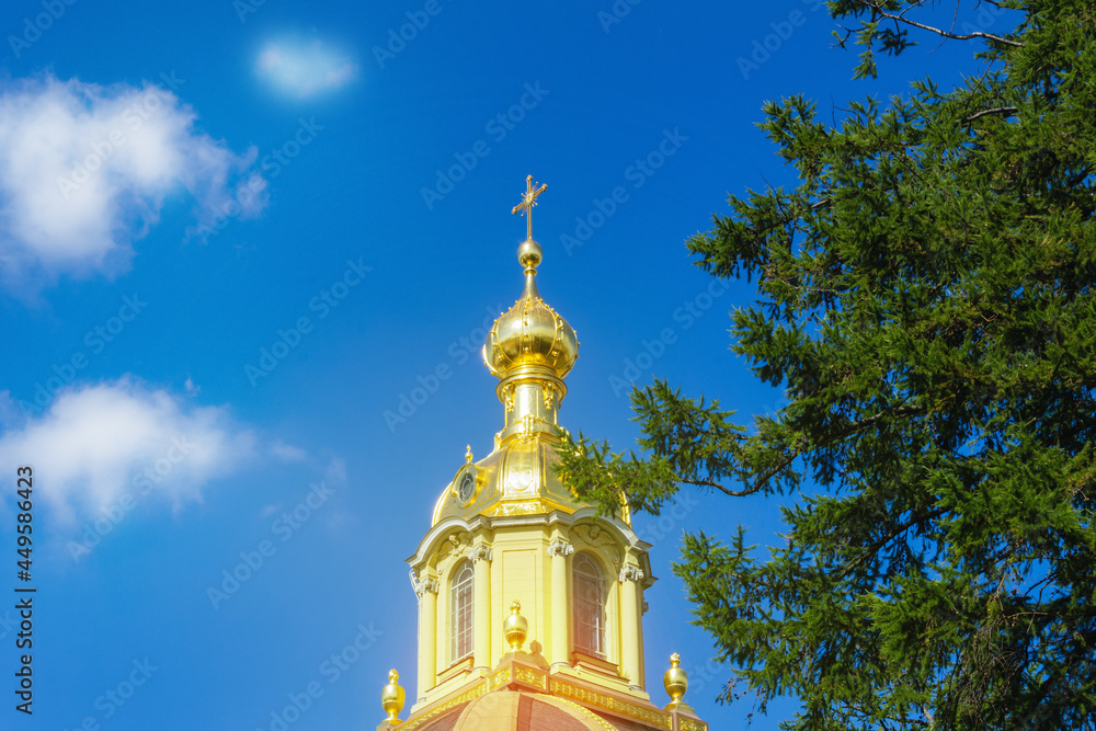 Golden top of a Christian Orthodox church, dome and cross against blue sky with white clouds and branches of green coniferous tree