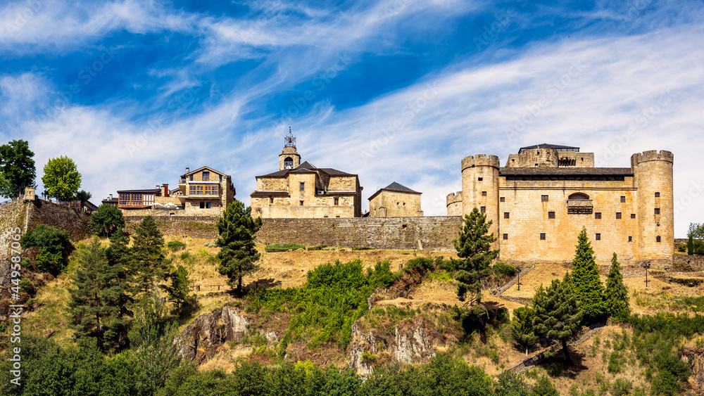 Panoramic view of historic old town and castle in Puebla de Sanabria in the province of Zamora, Spain. 