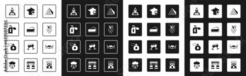 Set Louvre glass pyramid, Cherry cheesecake slice, Perfume, Museum building, Grape fruit, Map of France, French cafe and icon. Vector