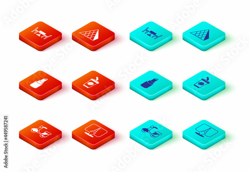 Set Scooter, Eiffel tower, Lipstick, Coffee cup go, Louvre glass pyramid and French cafe icon. Vector