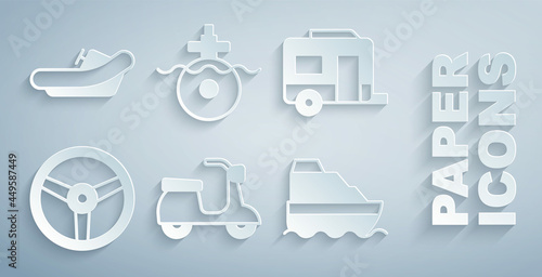 Set Scooter, Rv Camping trailer, Steering wheel, Cruise ship, Submarine and Rafting boat icon. Vector