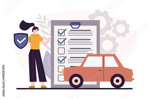 Cartoon female worker recommend take out car insurance. Technical assistance in case of accidents. Transport insurance protection