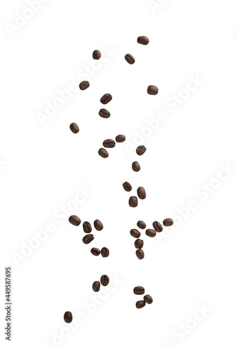 Coffee beans falling isolated on white background with clipping path.