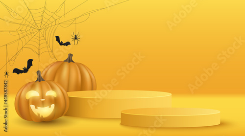 Halloween vector minimal 3d scene for display your product. 3d vector emotional cartoon pumpkin with spider web and black bats. Festive podium platform. Showcase and shelf