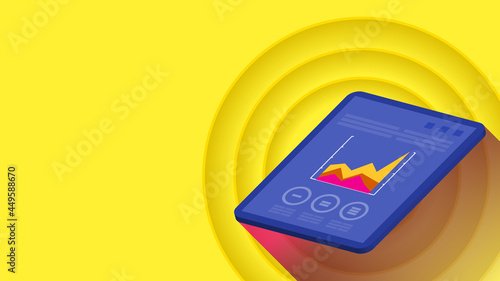 Business analysis situation showing an infographics on a blue tablet screen placed on a yellow background with circles. Vector illustration for website, marketing material or online advertising.
