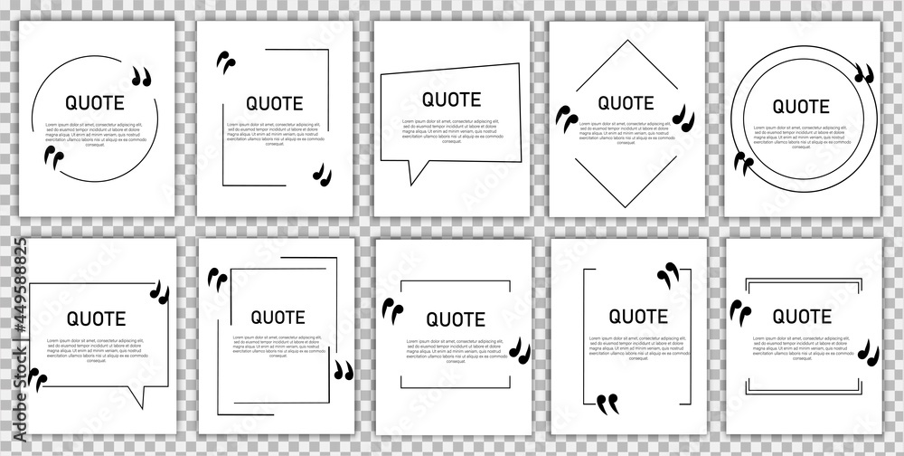 Frame for quotes. Speech bubble icon. Template with a text box inside. White poster with information, popular expression. Set of banners.Vector illustration with shadow.
