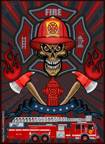 Vintage firefighter labels with crossed axes fireman skull in helmet. Skull in helmet