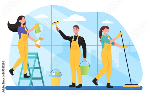 Janitors team cleaning service composition in uniform work together with professional equipment washing panoramic glazing. Flat cartoon vector illustration concept design isolated on white background