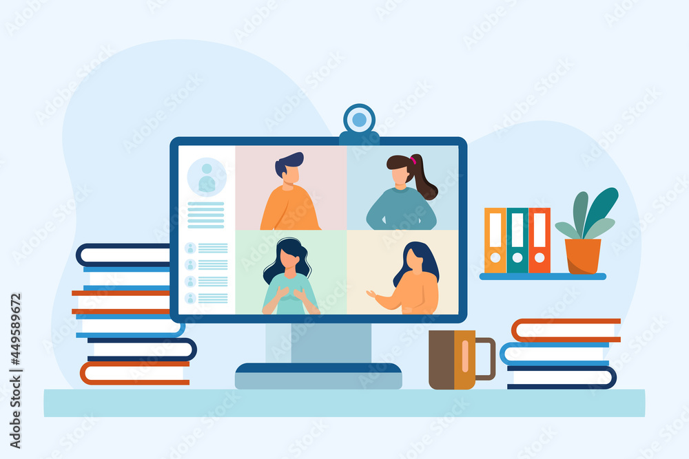 Computer with group of people doing video conference. Online meeting via group call. Vector illustration in flat style Computer with group of people doing video conference. Online meeting via group call. Vector illustration in flat style