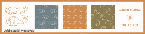 Seamless background triceratops dinosaur set of 3 patterns with motif. Whimsical minimal earthy 2 tone color. kids nursery wallpaper or boho cartoon pet fashion all over print.