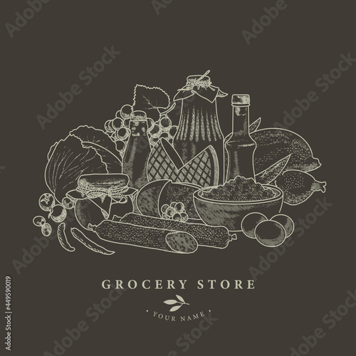 An illustration of organic food products in an engraved style. Products of the farmers market. The concept of a grocery store.