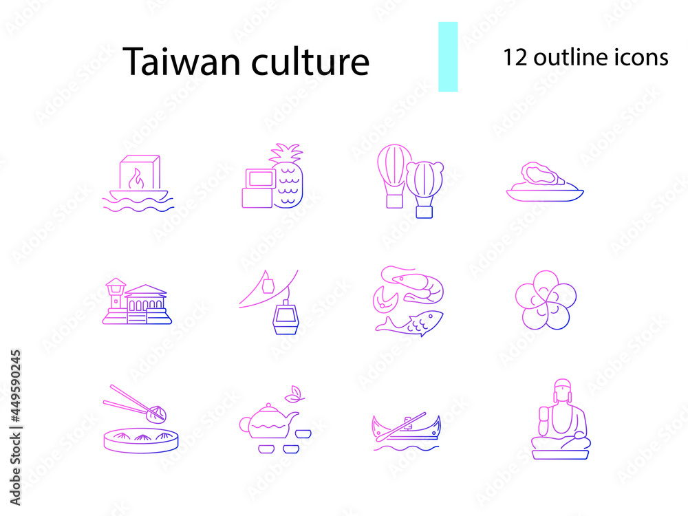 Culture of Taiwan outline icons set. Taiwanese items. Purple gradient symbol. Isolated vector stock illustration Culture of Taiwan outline icons set. Taiwanese items. Purple gradient symbol. Isolated vector stock illustration